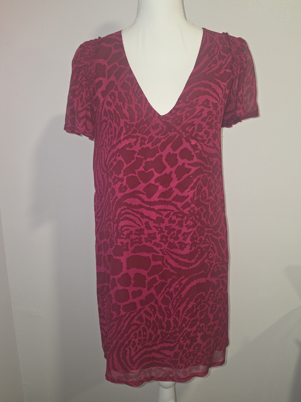 PAIGE 100% Silk Fuchsia Animal-Print V-Neck Midi Dress Women's Size S
